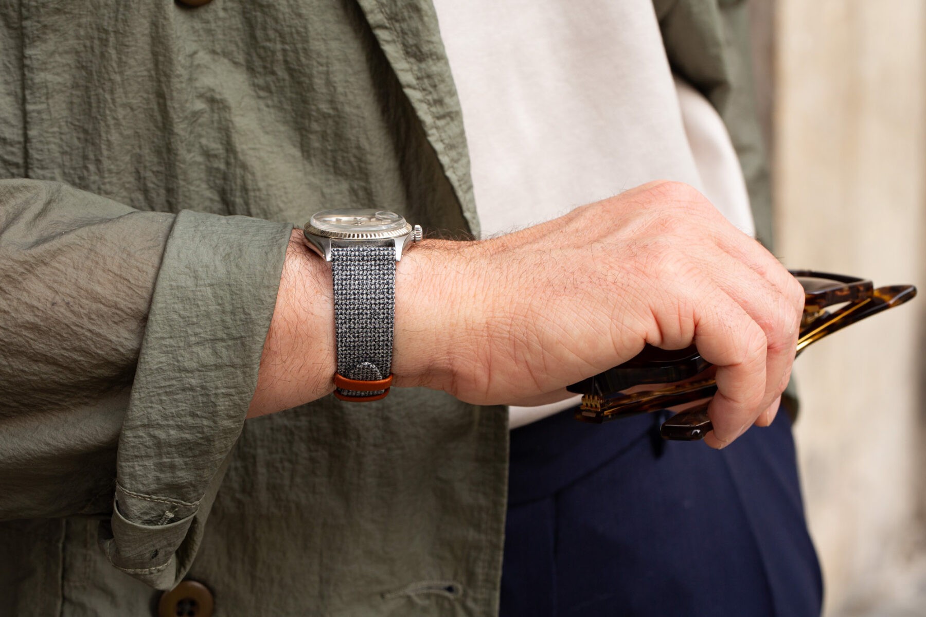 Vintage wool and leather watch strap - Grey pin check