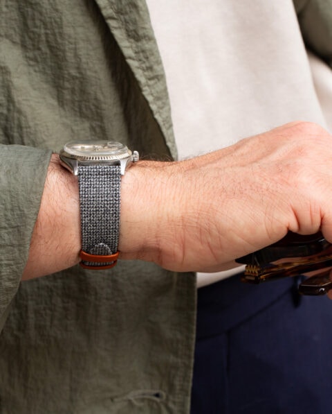 Vintage wool and leather watch strap - Grey pin check