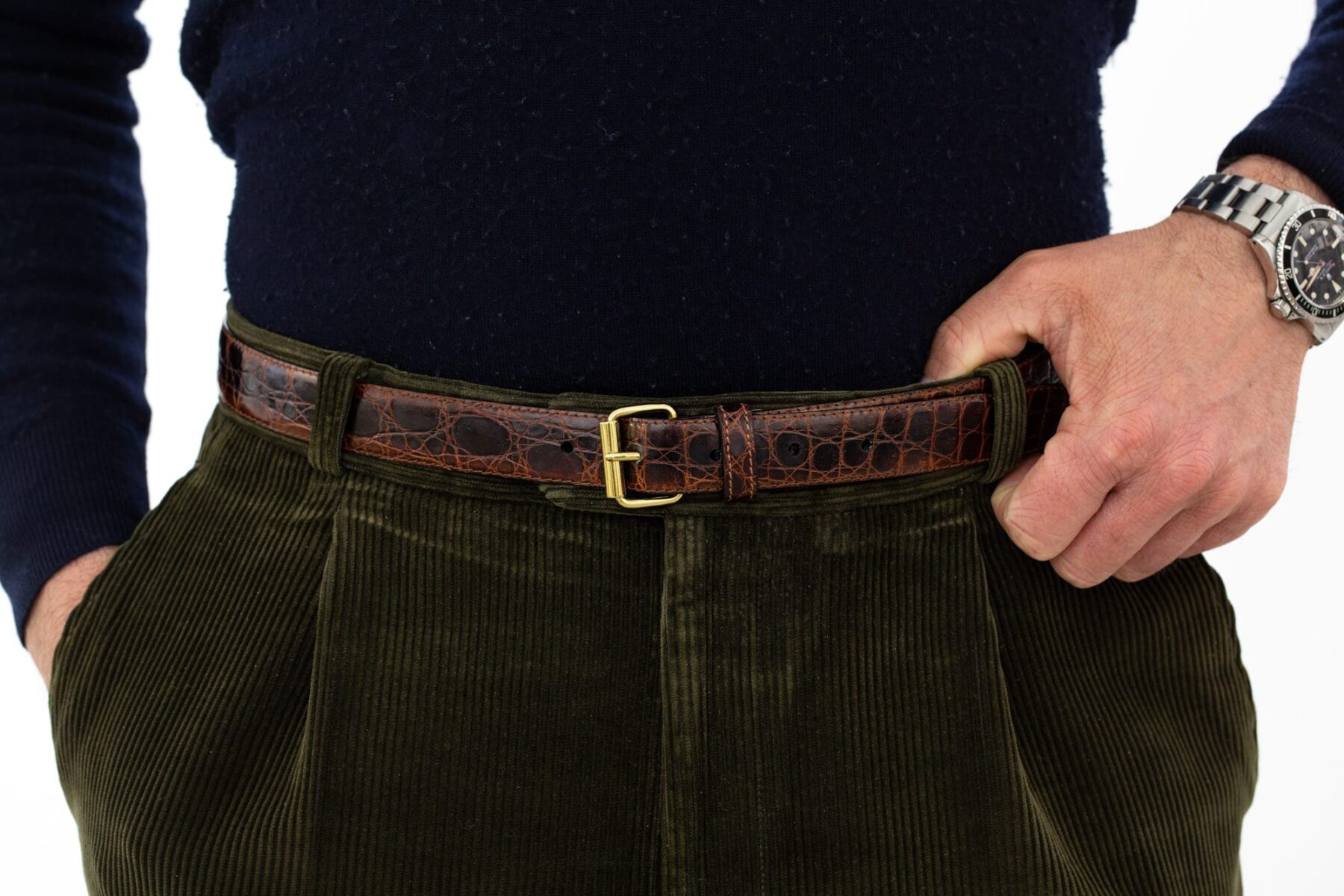 Hazelnut Brown Crocodile Leather Belt With Brass Buckle