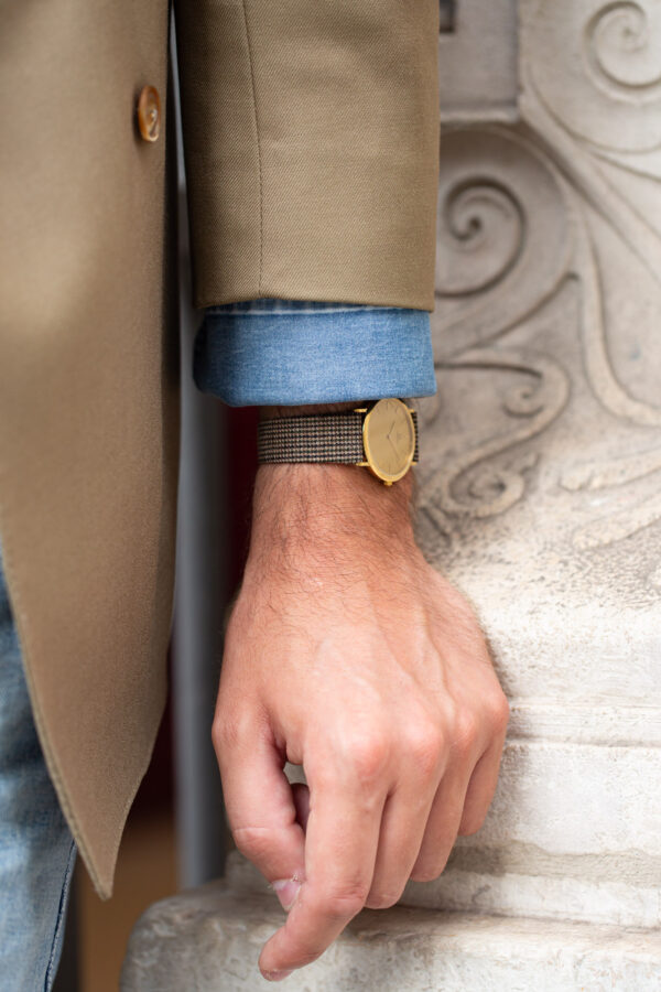 Vintage wool and leather watch strap - Brown houndstooth